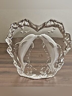 Dolphins Kissing Heart Shaped Laser Etched 24%  Lead Crystal Clear Figurine
